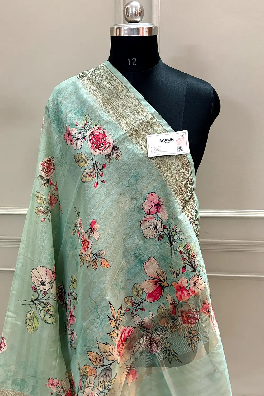 Mint Printed Tussar Silk Saree