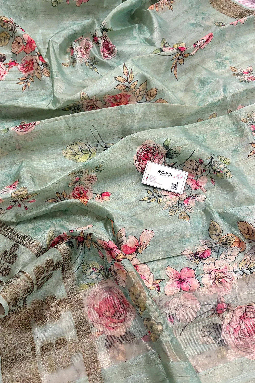 Mint Printed Tussar Silk Saree