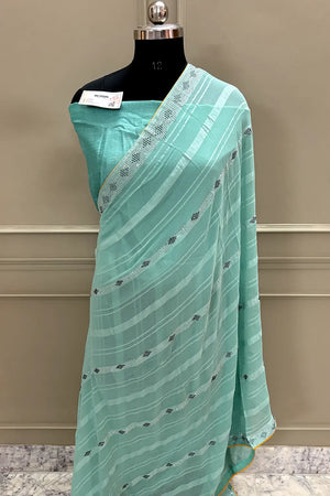 Mint Siroski Work Georgette Silk Saree