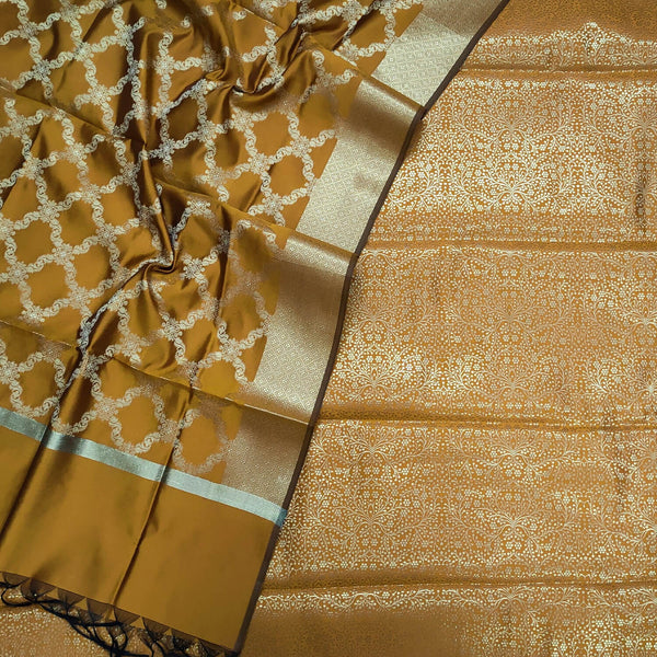 Mustard Dhaniya Golden Zari Satin Banarasi Suit