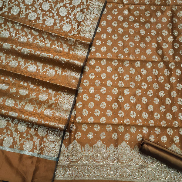 Mustard Stone Work Satin Silk Banarasi Suit