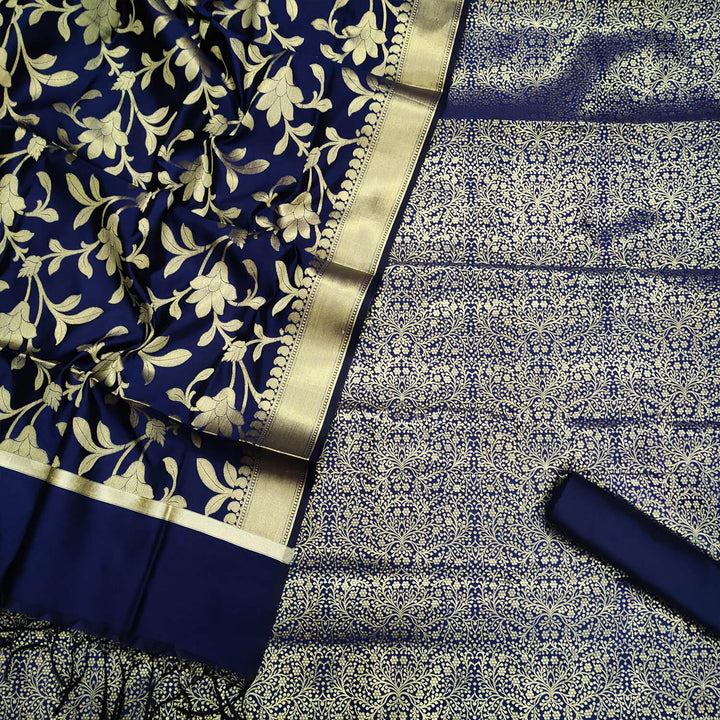 Navy Blue Dhaniya Satin Silk Banarasi Suit