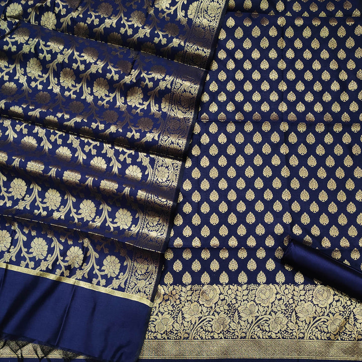 Navy Blue Golen Zari Satin Silk Banarasi Suit