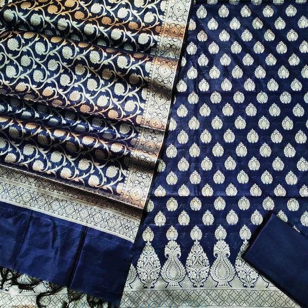 Navy Blue Kalgha Golden Zari Banarasi Silk Suit