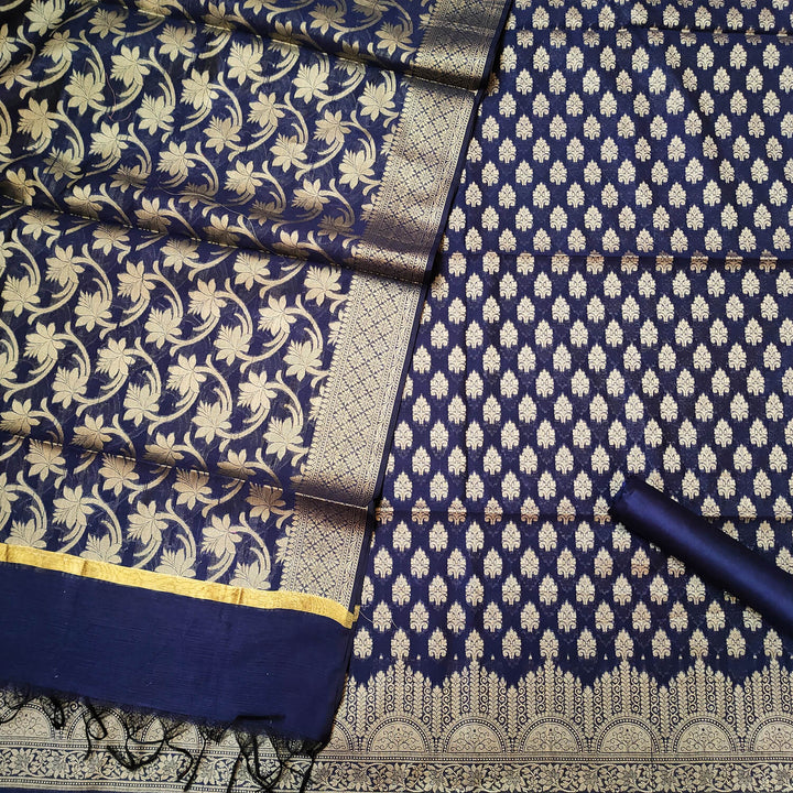 Navy Blue Party Wear Golden Zari Banarasi Silk Suit