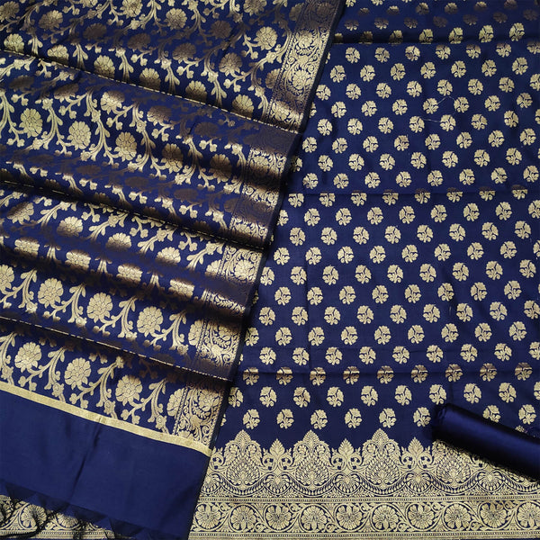 Navy Blue Party Wear Satin Silk Banarasi Suit