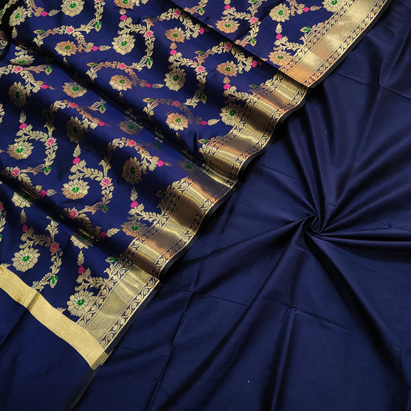 Navy Blue Plain Banarasi Silk Suit With Meenakari Dupatta