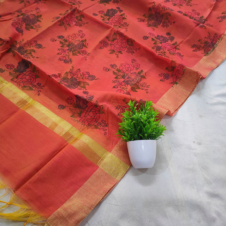 Orange Floral Digital Print Banarasi Silk Dupatta
