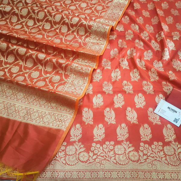 Orange Golden Zari Banarasi Silk Suit