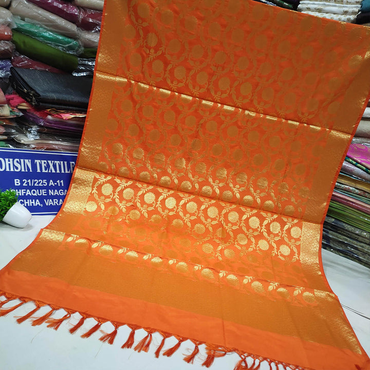 Orange Golden Zari Katan Silk Banarasi Dupatta