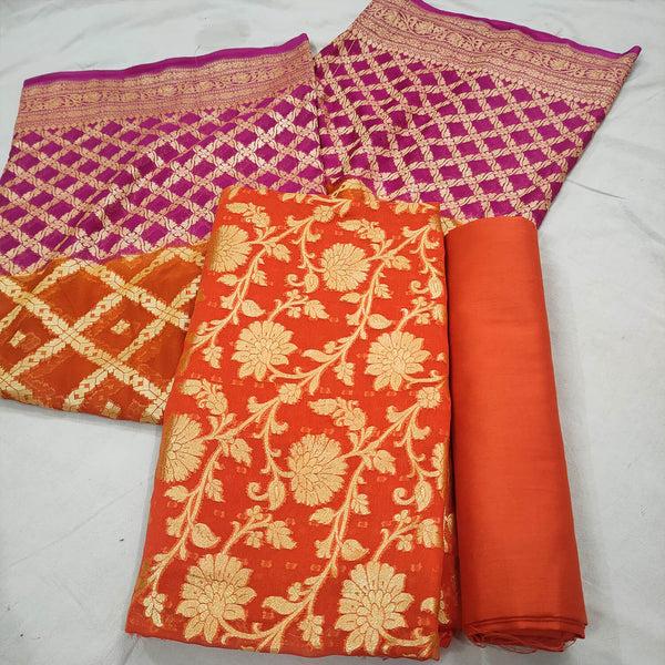 Orange Handloom Georgette Silk Suit With Multi Dupatta
