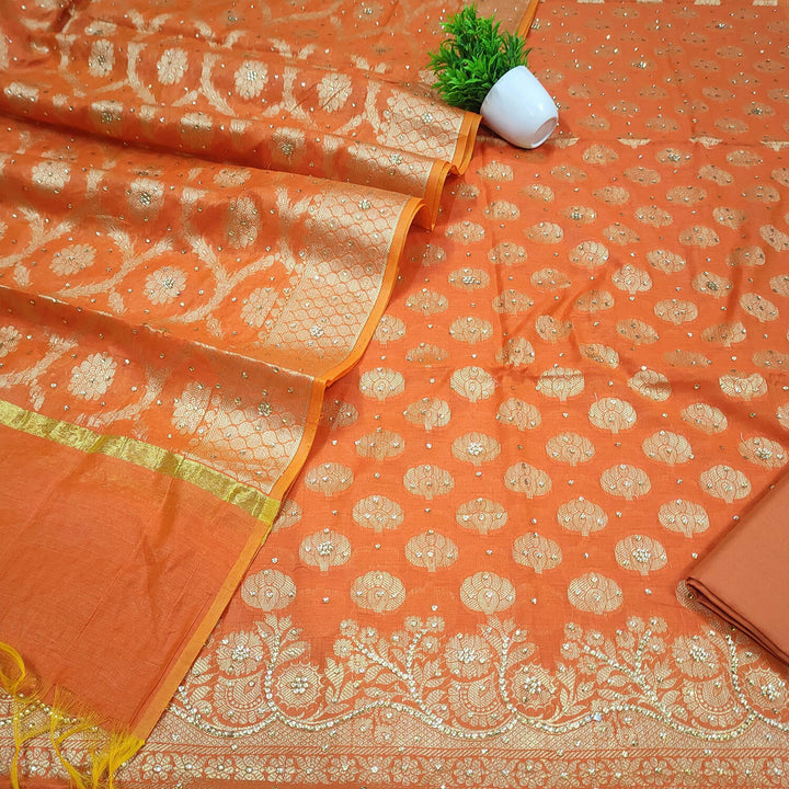 Orange Stone Work Banarasi Silk Suit