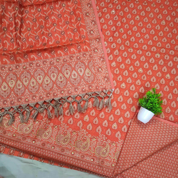 Orange Stone Work Cotton Silk Banarasi Suit