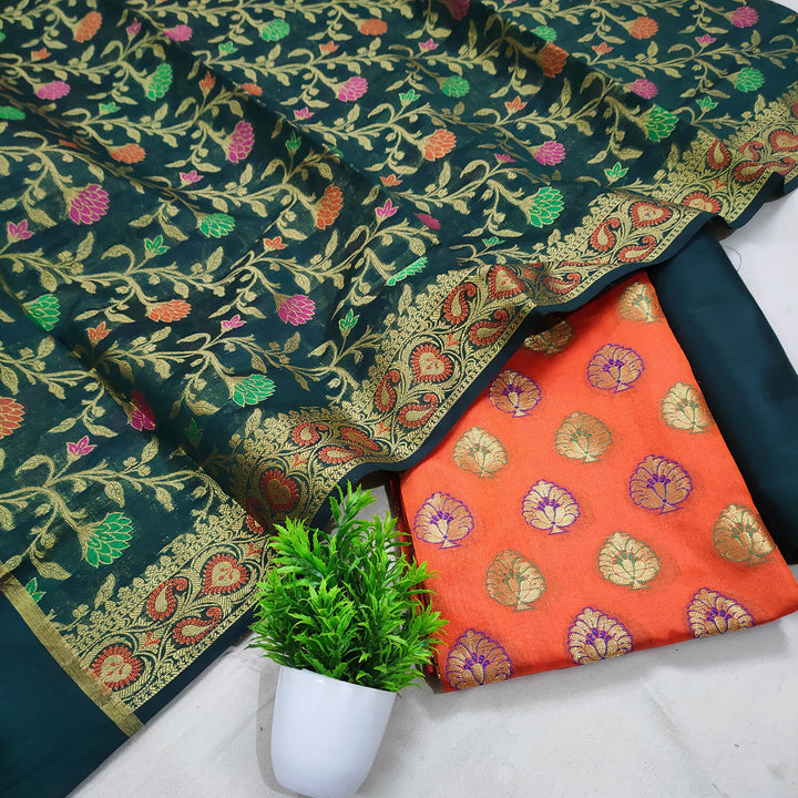 Orange and Bottle Green Contrass Banarasi Silk Suit