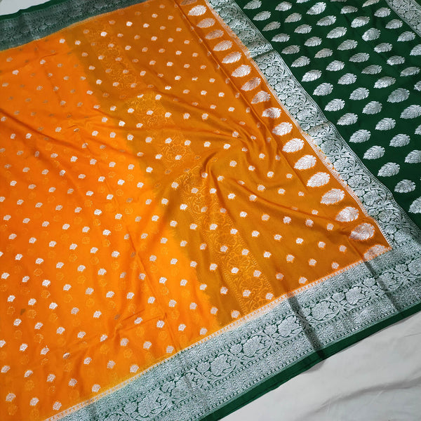 Orange and Green Handloom Georgette Banarasi Saree