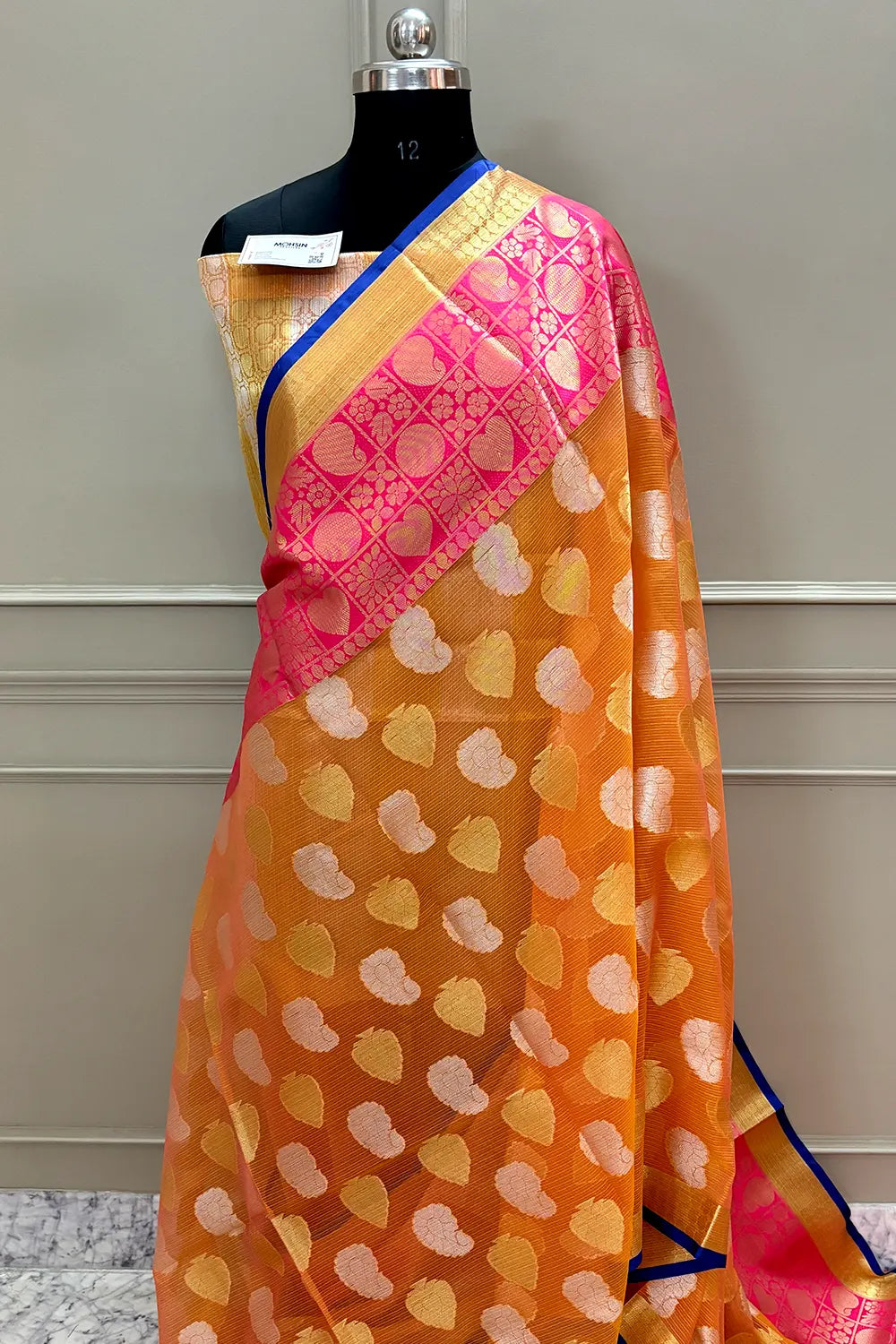 Orange Zari Monga Check Banarasi Silk Saree