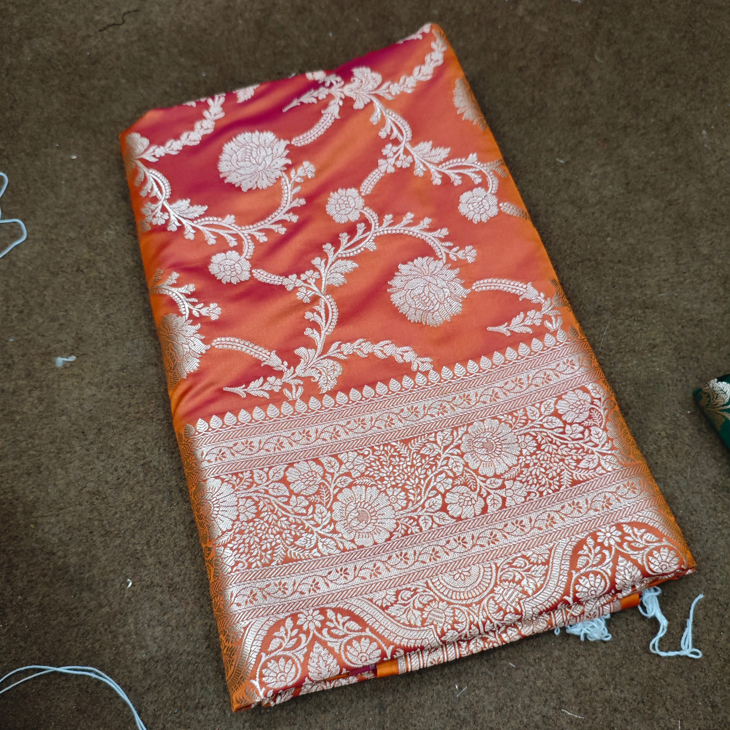 Orange Magenta Laabela Jaal Katan Mashru Silk Banarasi Saree