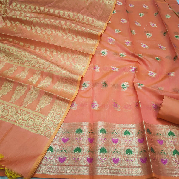 Peach Meenakari Golden Zari Banarasi Silk Suit