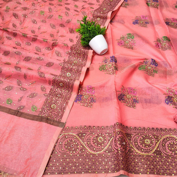 Peach Meenakari Stone Work Banarasi Silk Suit