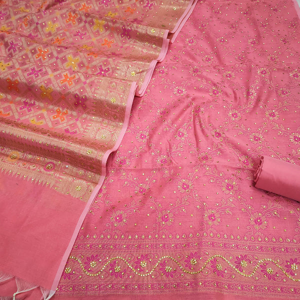 Peach Pink Meena Stone Work Banarasi Silk Suit