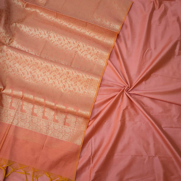 Peach Plain Banarasi Silk Suit With Zari Dupatta