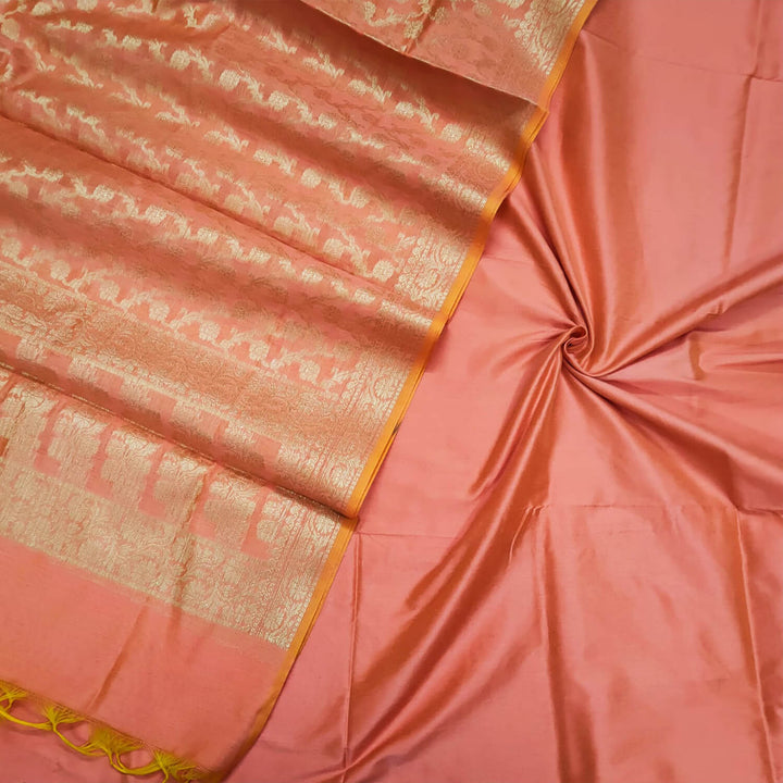 Peach Plain Banarasi Silk Suit With Zari Work Dupatta