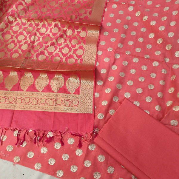 Peach Rose Gold Zari Pure Katan Silk Banarasi Suit