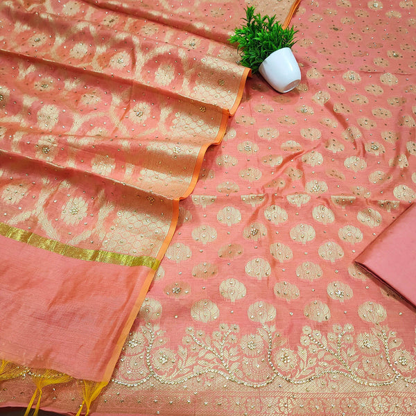 Peach Stone Work Banarasi Silk Suit