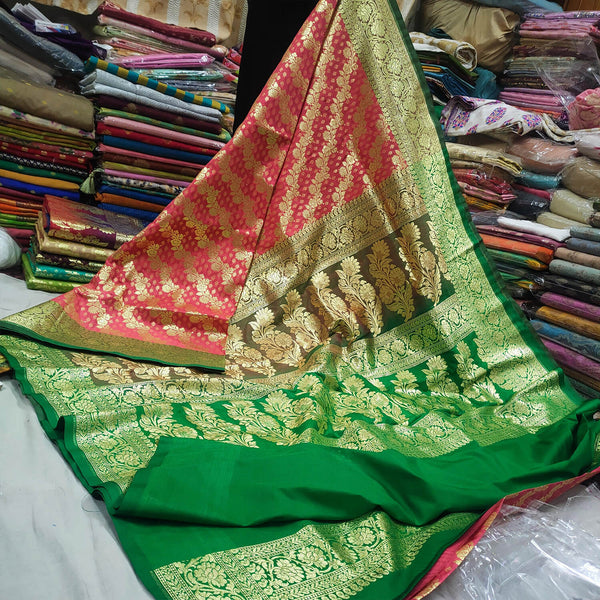 Peach and Green Handloom Crepe Banarasi Saree