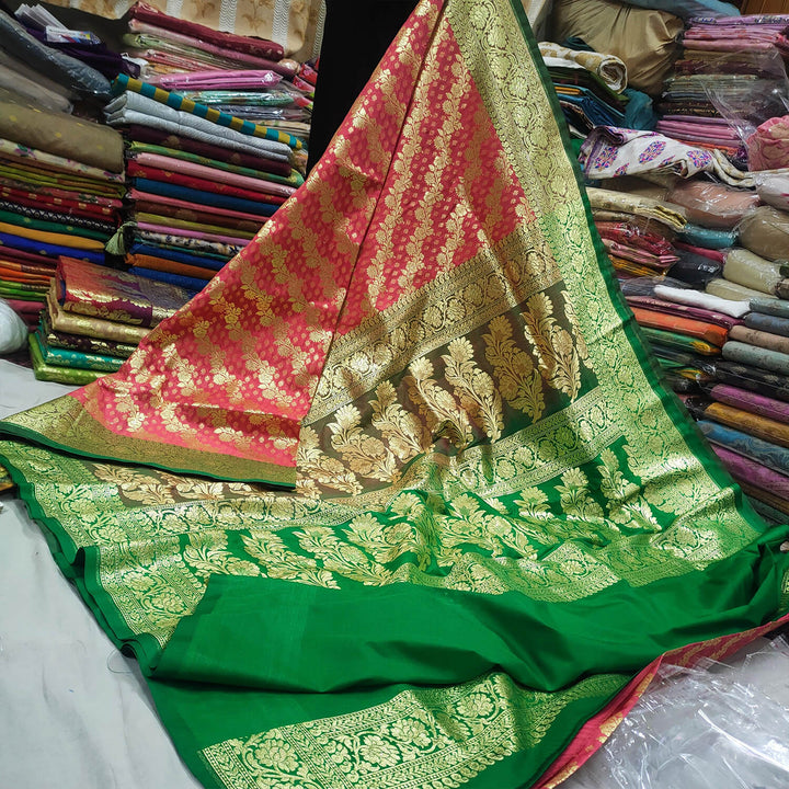 Peach and Green Handloom Crepe Banarasi Saree