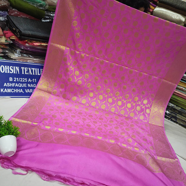 Pink Dark Golden Zari Katan Silk Banarasi Dupatta
