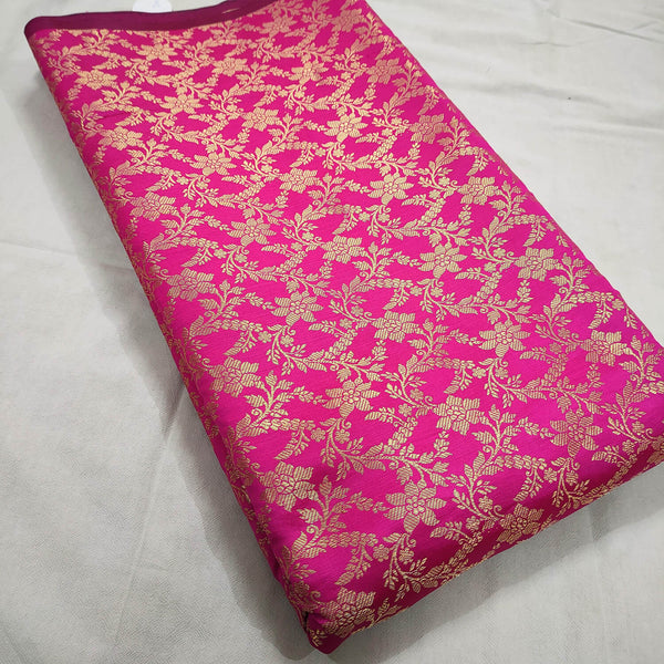 Pink Floral Zari Work Satin Silk Fabric