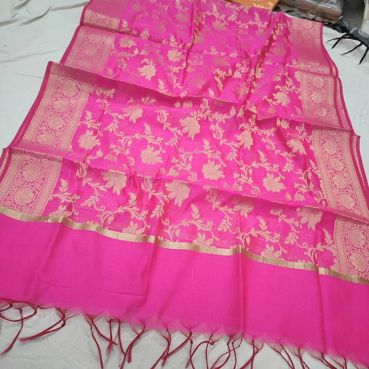 Pink Golden Zari Banarasi Silk Dupatta