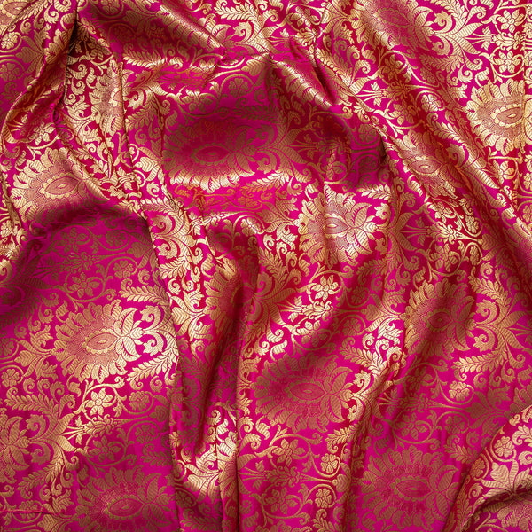 Pink Golden Zari Katan Brocade Silk Fabric