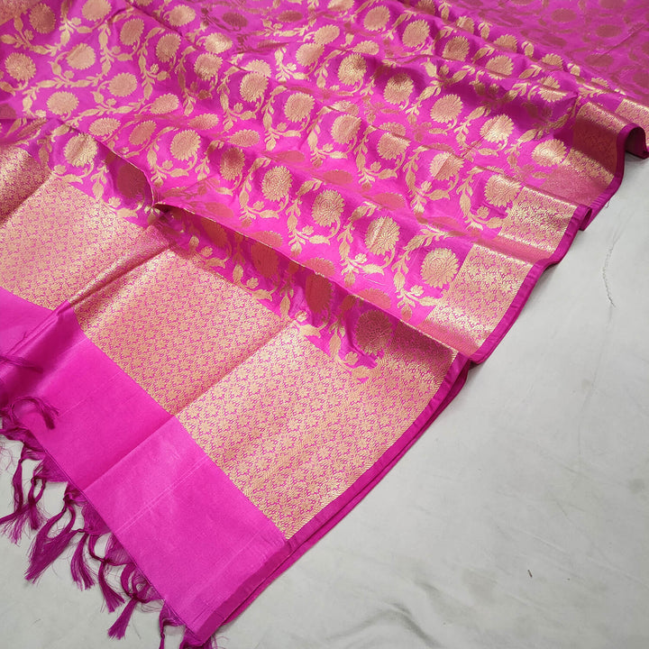 Pink Golden Zari Katan Silk Banarasi Dupatta