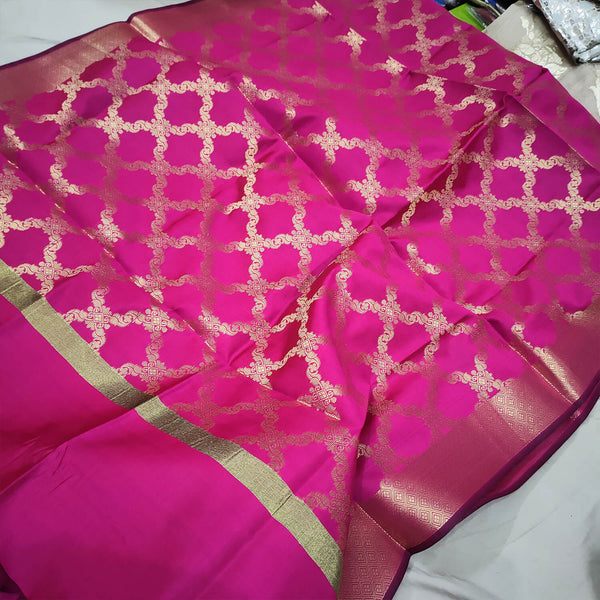 Pink Golden Zari Satin Silk Banarasi Dupatta