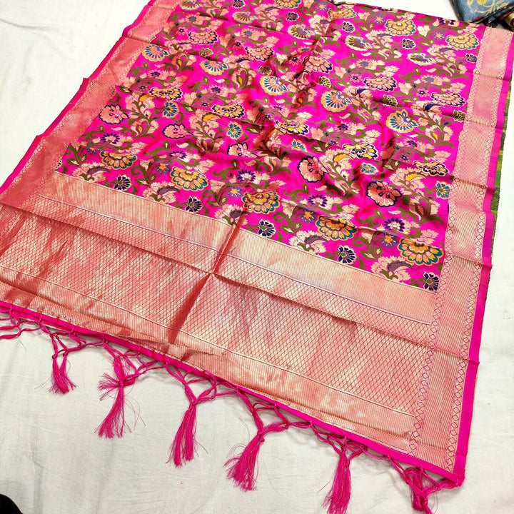 Pink Meenakari Floral Satin Silk Banarasi Dupatta
