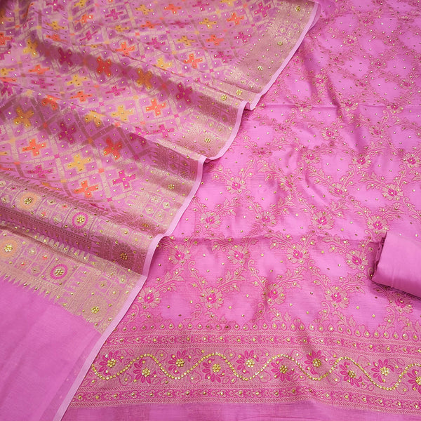 Pink Color Pink Meena Stone Work Banarasi Silk Suit