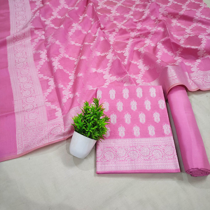 Pink Resham Zari Cotton Silk Banarasi Suit