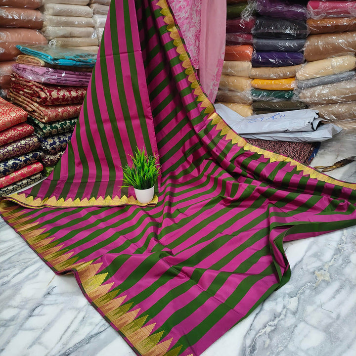 Pink and Bottle Green Stripe Satin Banarasi Saree