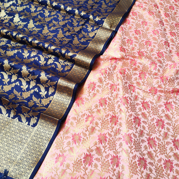 Pink and Navy Blue Contrass Katan Silk Banarasi Suit