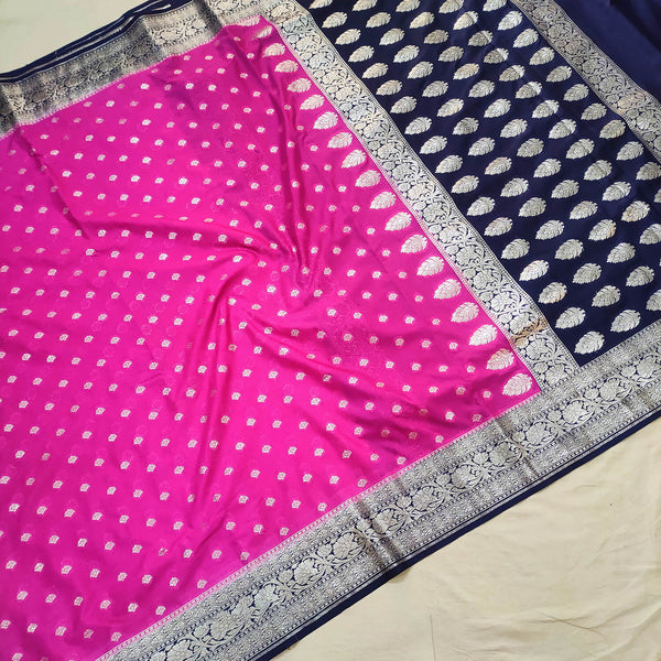 Pink and Navy Blue Handloom Georgette Banarasi Saree