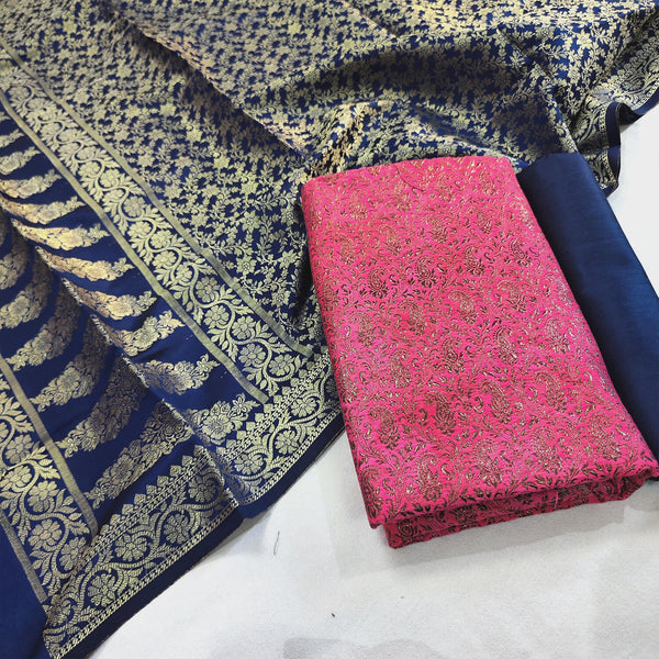Pink and Navy Blue Shimmer Silk Suit With Satin Dupatta