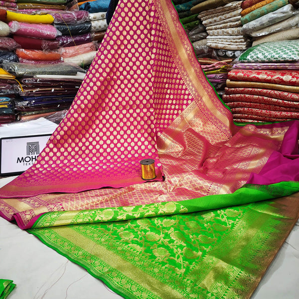 Pink and Parrot Green Handloom Crepe Banarasi Saree