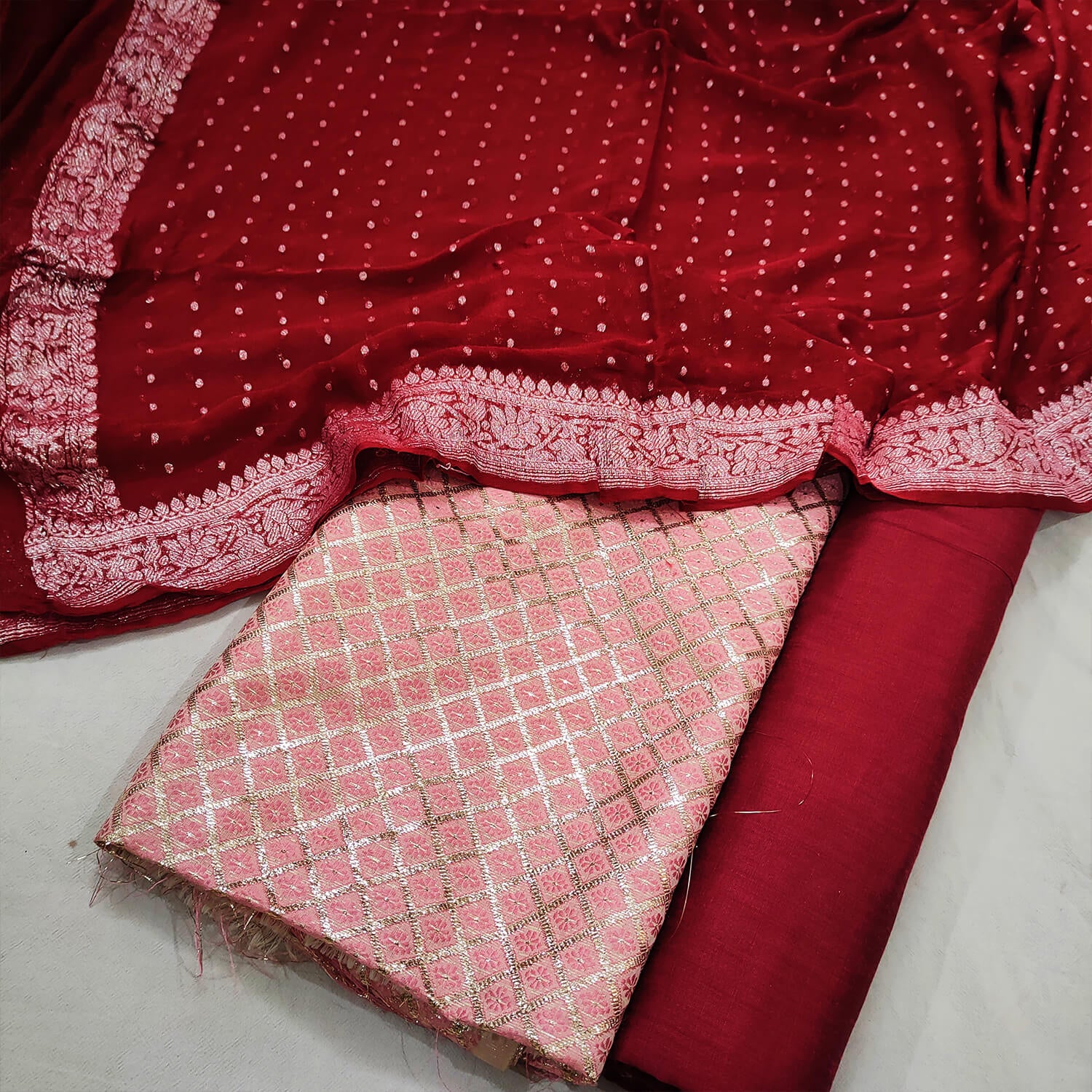 Pure Banarasi Handloom Khaddi Chiffon Pink Color Suit - BanarasiSaree.com