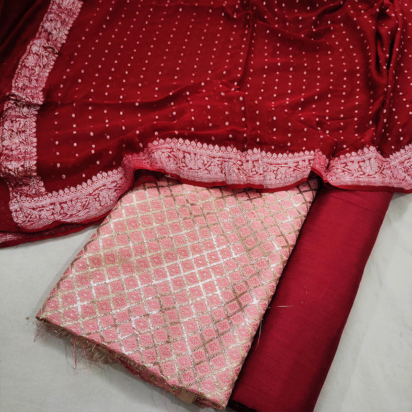 Pink and Red Shimmer Silk Banarasi Suit With Chiffon Dupatta