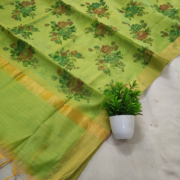 Pista Floral Digital Print Banarasi Silk Dupatta