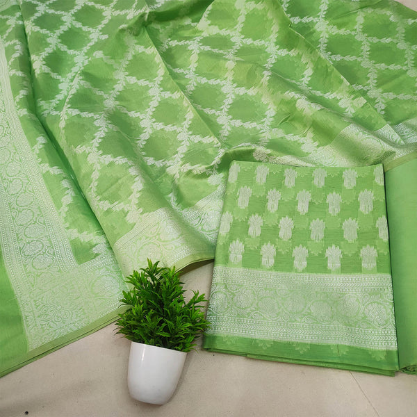 Pista Green Resham Zari Cotton Silk Banarasi Suit