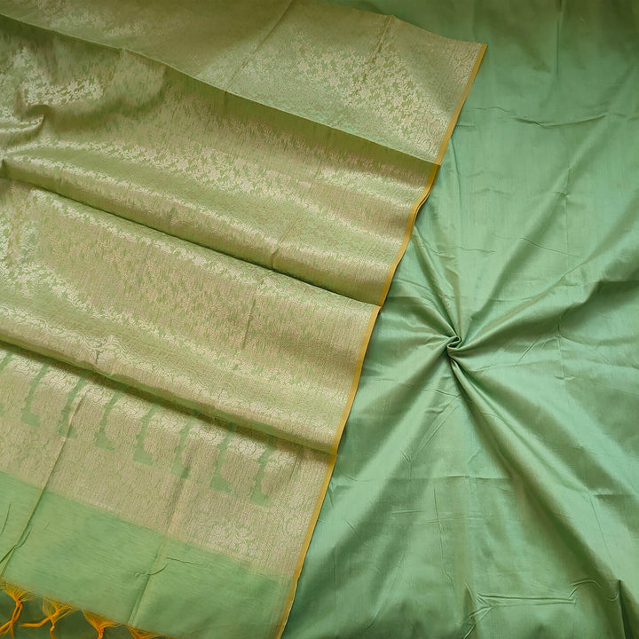 Pista Plain Banarasi Silk Suit With Zari Dupatta