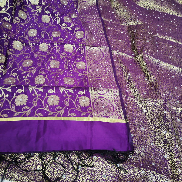 Purple Dhaniya Satin Silk Stone Work Banarasi Suit